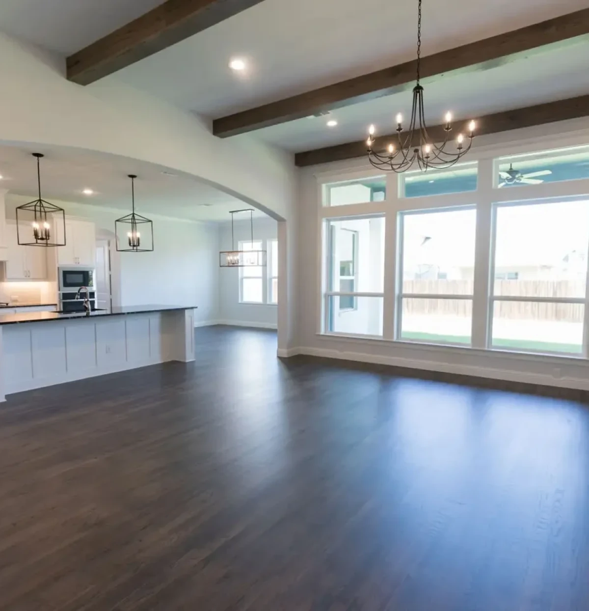 Spacious living room with wooden beams