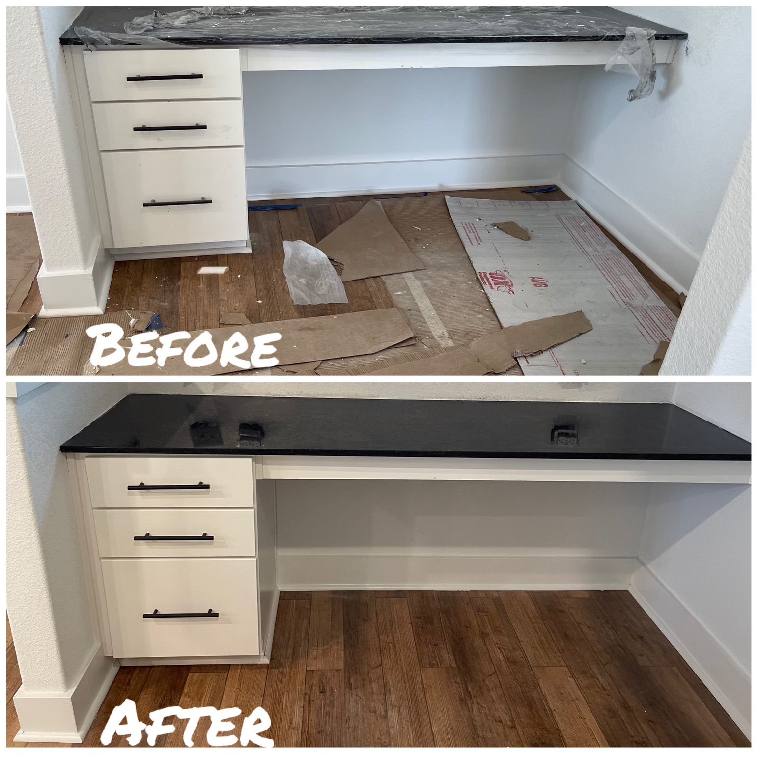 Before and after images of a renovated desk area with new flooring and a painted wall.
