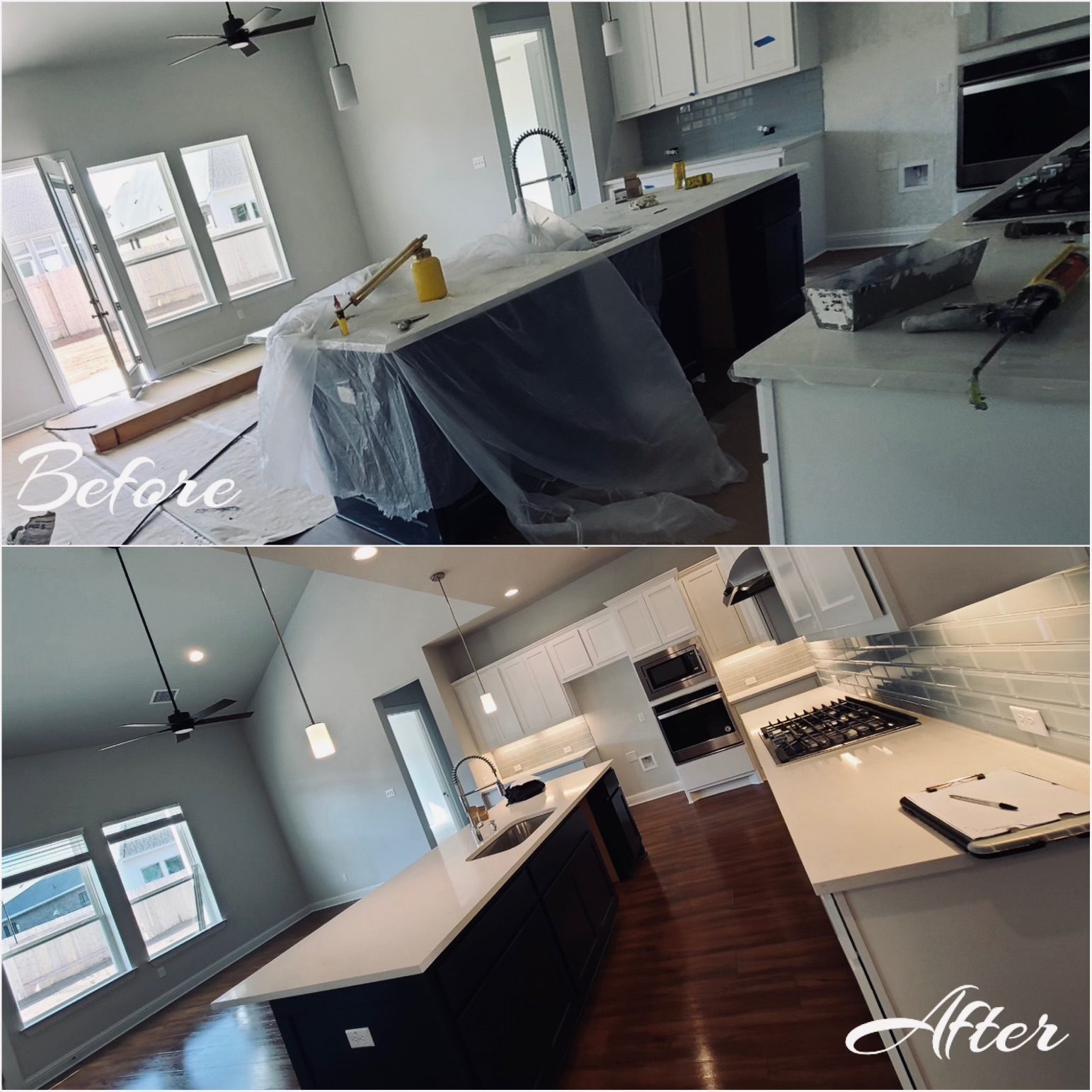 Modern kitchen makeover with sleek black countertops and stainless steel appliances.